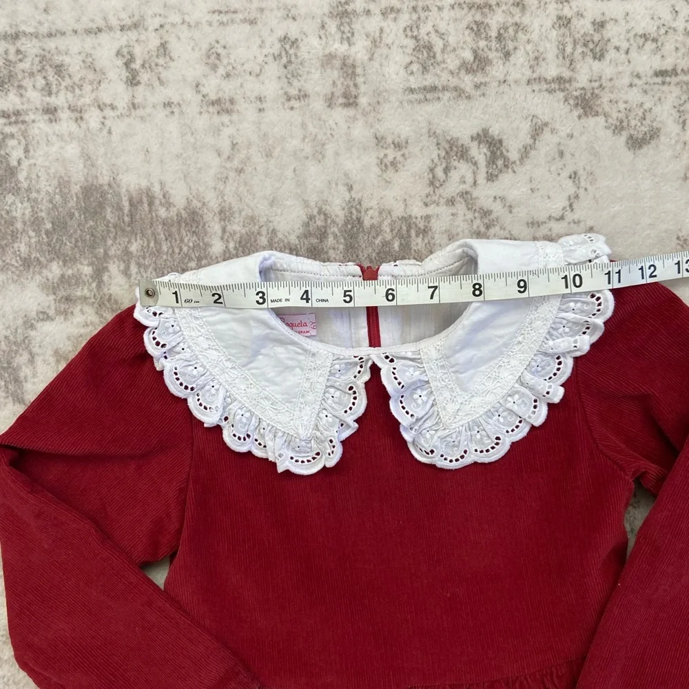 La Coqueta 6Y Girl’s Red Corduroy Dress with White Lace Collar - Picture 3 of 13